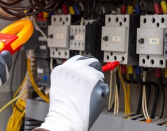 Electrician performing preventive electrical maintenance on commercial panel in Brantford ON